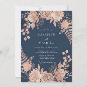 Navy Blue Glamourous Rose Evening Wedding Invitation