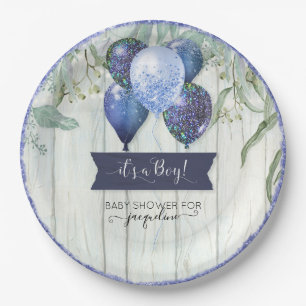 Navy Blue Glitter Balloons Eucalyptus Baby Shower Paper Plate