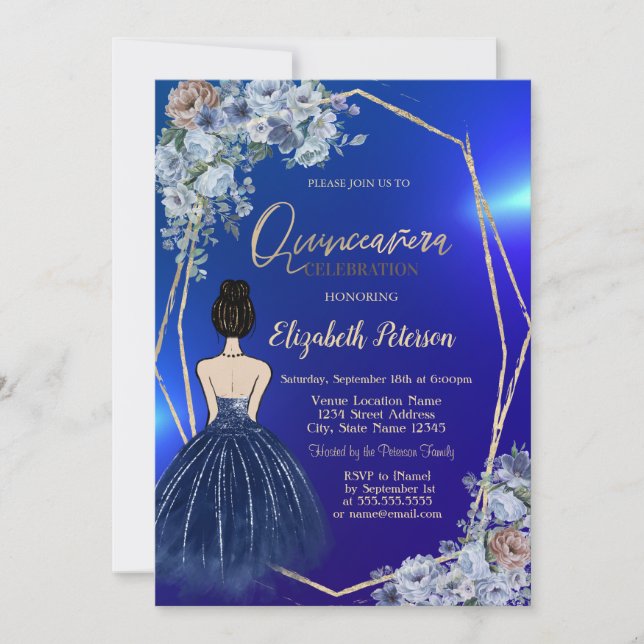 Navy Blue Glitter Dress,Chic Blue Flowers Invitation (Front)