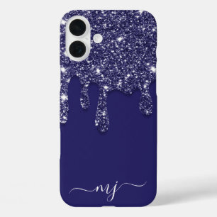 Navy Blue Glitter Drip Custom Monogram iPhone 16 Plus Case