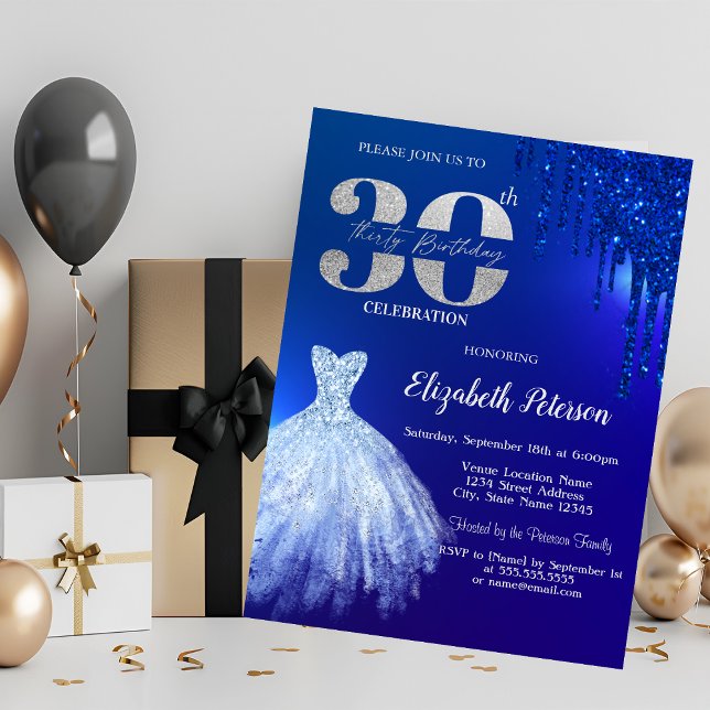 Navy Blue Glitter Drips,Dress Blue 30th Birthday Invitation (Creator Uploaded)