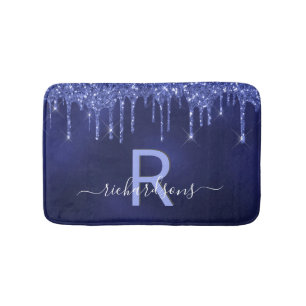 Navy blue glitter drips monogram name bath mat