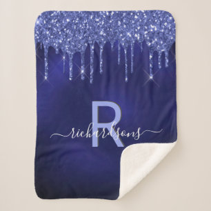 Navy blue glitter drips monogram name sherpa blanket