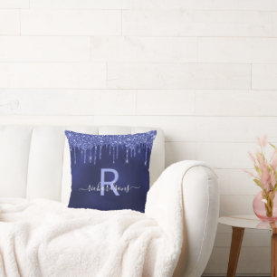 Navy blue glitter drips monogram name throw pillow