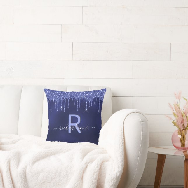 Navy blue glitter drips monogram name throw pillow (Couch)