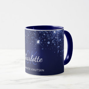Navy blue glitter dust monogram name script mug