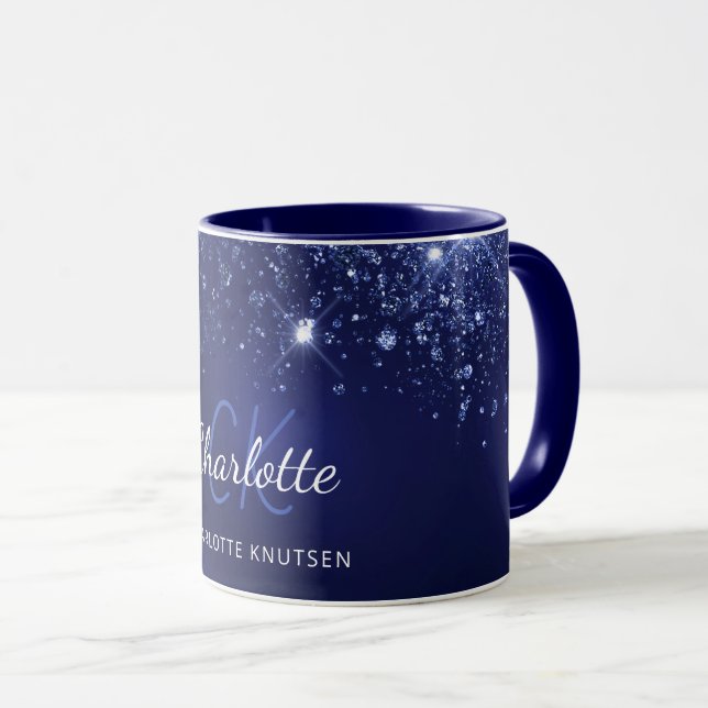 Navy blue glitter dust monogram name script mug (Front Right)