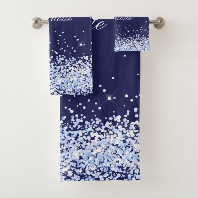 Navy blue glitter dust name bath towel set (Insitu)