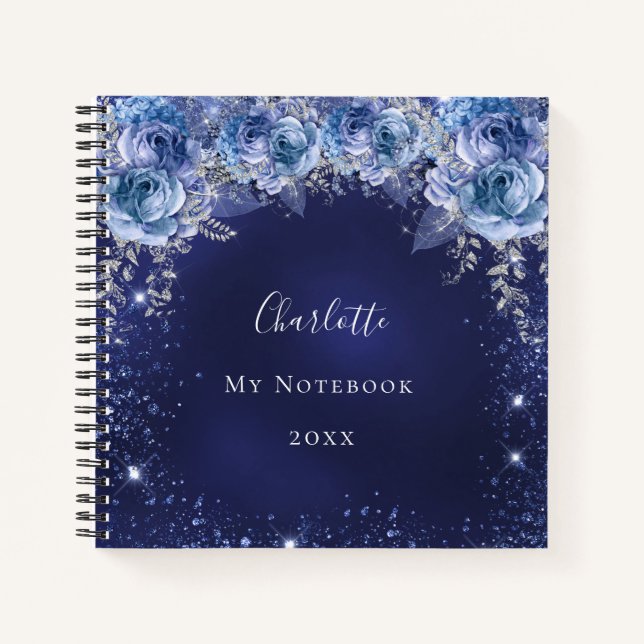 Navy blue glitter flowers name diary notebook (Front)