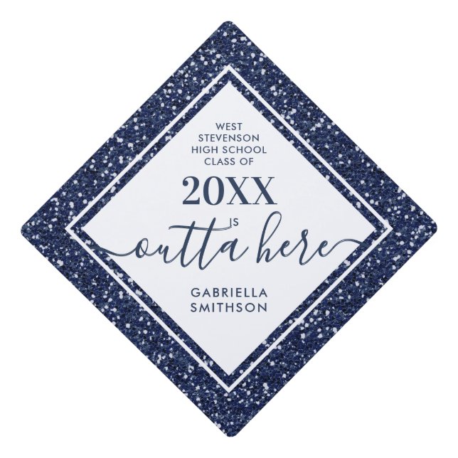 Navy Blue Glitter Funny Outta Here Printed Graduation Cap Topper (Front)