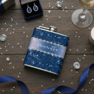 Navy Blue Glitter Look Bling Personalized Metal Hip Flask