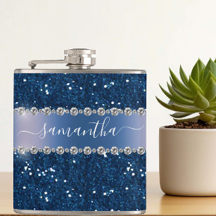 Navy Blue Glitter Look Bling Personalized Metal Hip Flask
