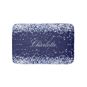 Navy blue glitter name monogram elegant bath mat