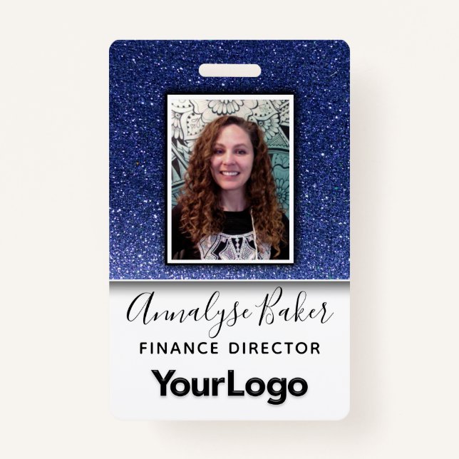 Navy Blue Glitter Professional RN Nurse Photo Name Badge (Front)