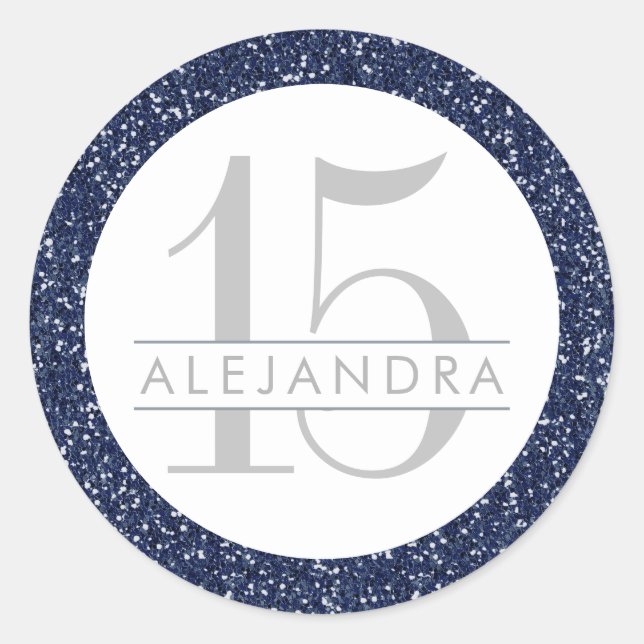 Navy Blue Glitter Quince Años Favour Sticker Label (Front)