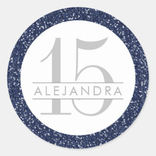 Navy Blue Glitter Quince Años Favour Sticker Label