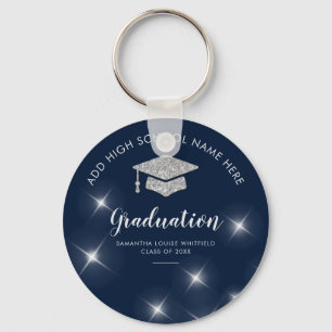 Navy Blue Glitter Silver Graduation School Grad 22 Keychain