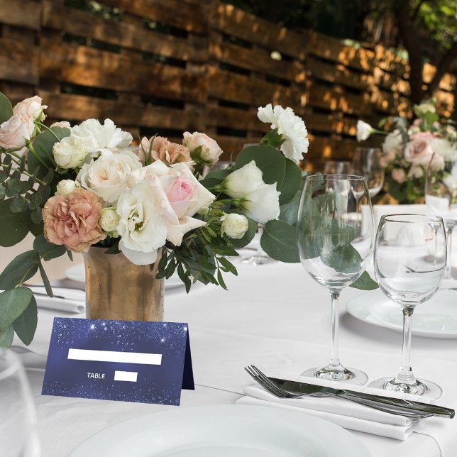 Navy blue glitter sparkles names wedding place card (Creator Uploaded)