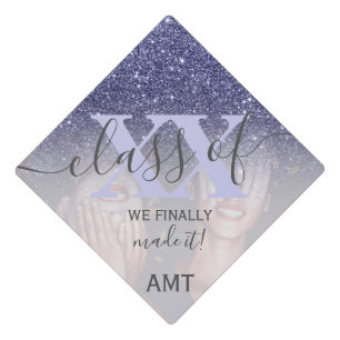 Navy blue glitter sparkles photo class of graduation cap topper