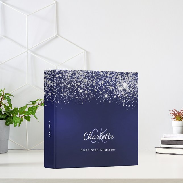 Navy blue glitter white monogram name silver binder (Creator Uploaded)