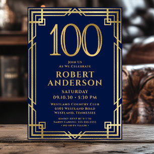 Navy Blue Gold 100th Birthday Photo  Invitation