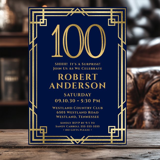 Navy Blue Gold 100th Birthday Photo Surprise Party Invitation (Creator Uploaded)