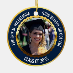 Navy Blue Gold 2 Photo Graduation Class of 2024 Ceramic Ornament