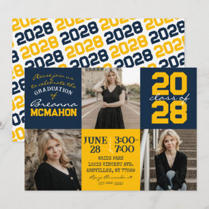 Navy Blue & Gold 3 Photo Graduation Invitation