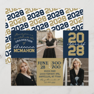 Navy Blue & Gold 3 Photo Graduation Invitation