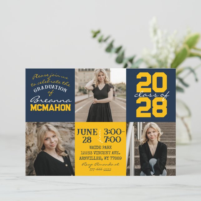 Navy Blue & Gold 3 Photo Graduation Invitation (Standing Front)