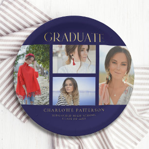 Navy Blue Gold 4 Photo Graduation Party Collage Paper Plate