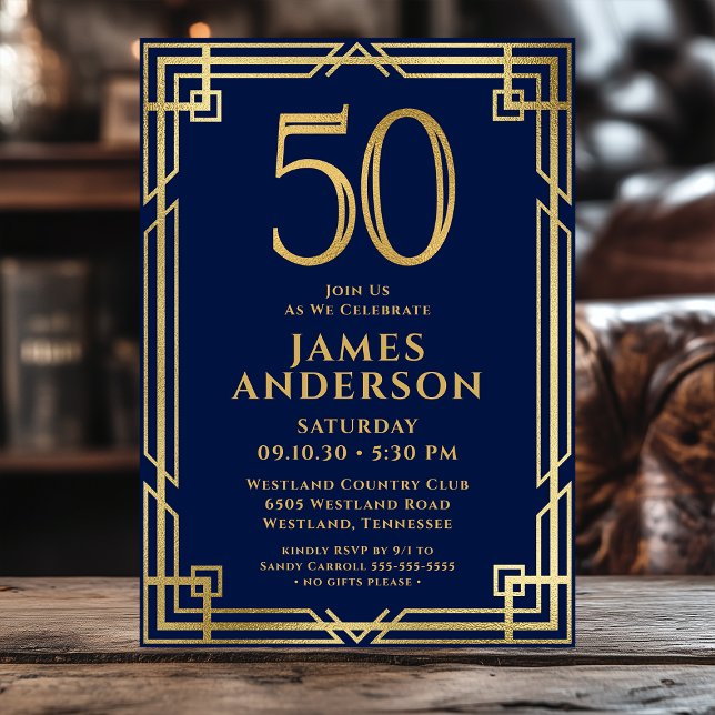 Navy Blue Gold 50th Birthday Photo Invitation (Creator Uploaded)