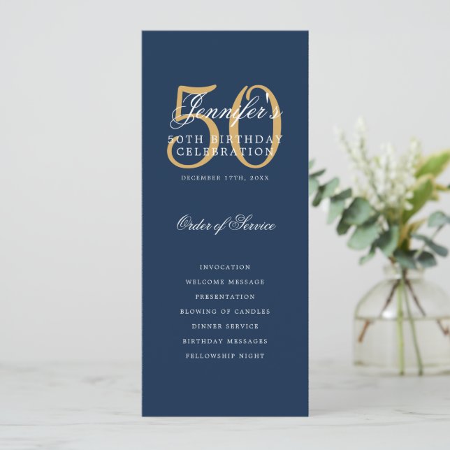 Navy Blue Gold 50th Birthday Program w/ Menu (Standing Front)