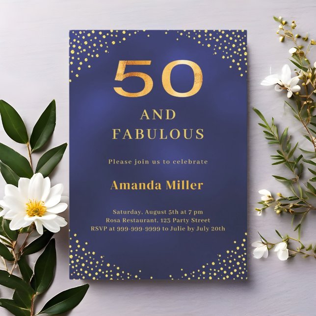 Navy blue gold 50th fabulous birthday invitation (Creator Uploaded)