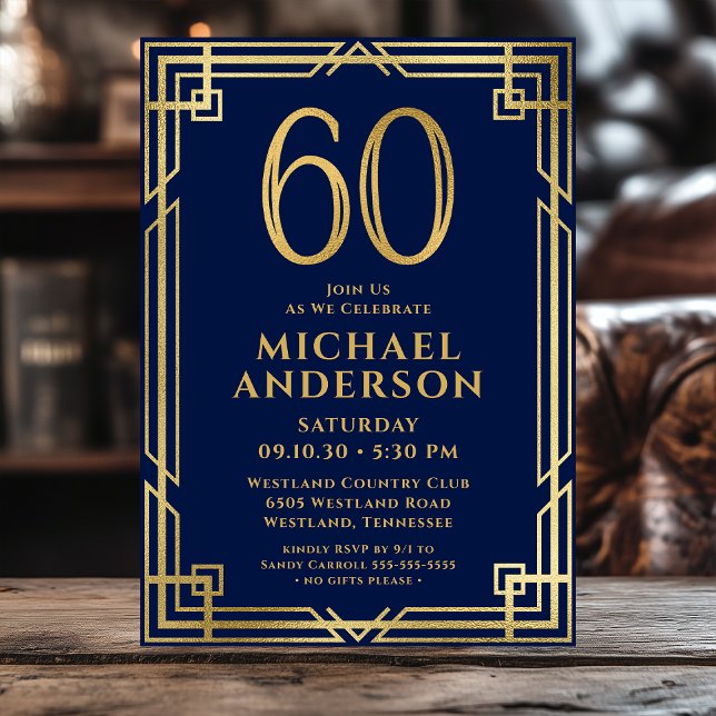 Navy Blue Gold 60th Birthday Photo Invitation (Creator Uploaded)