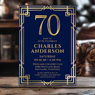 Navy Blue Gold 70th Birthday Photo Invitation