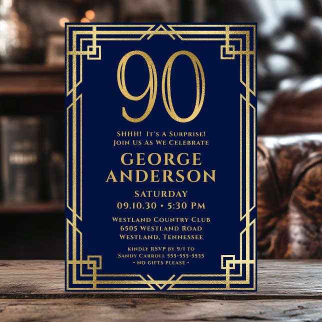 Navy Blue Gold 90th Birthday Photo Surprise Party Invitation (Creator Uploaded)