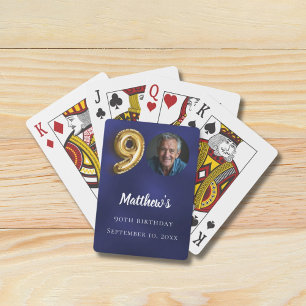 Navy blue gold 90th photo birthday party playing cards