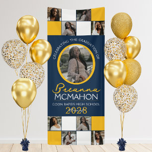 Navy Blue & Gold 9 Photo Collage Graduation Vinyl Banner