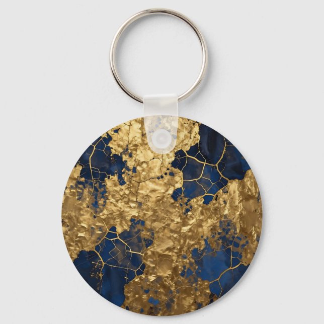 Navy Blue Gold Abstract Art Keychain (Front)