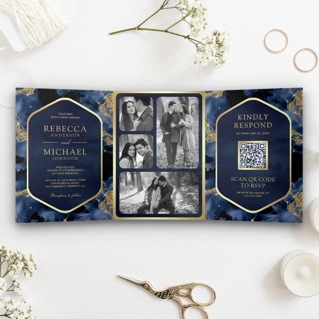Navy Blue Gold Abstract Fluid Ink QR Code Wedding Tri-Fold Invitation (Creator Uploaded)