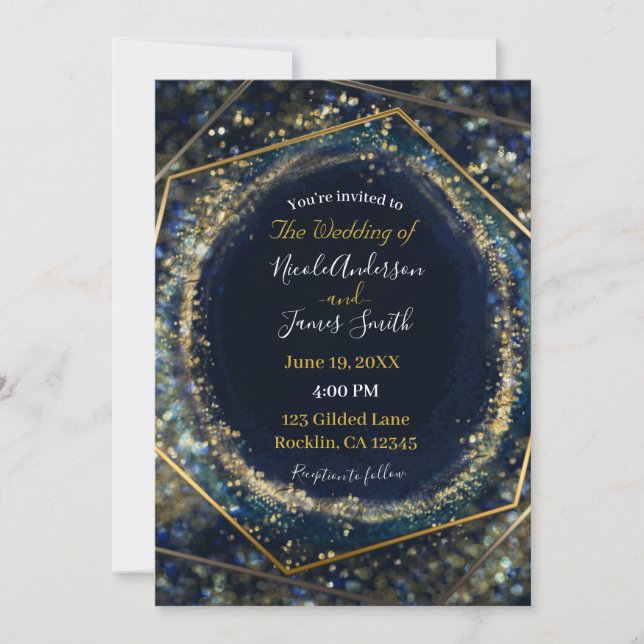 Navy Blue Gold Abstract Lights Geometric Wedding Invitation (Front)