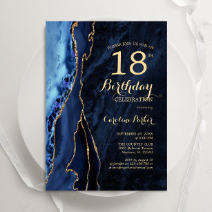 Navy Blue Gold Agate 18th Birthday Invitation