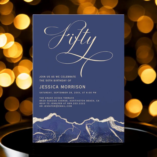 Navy Blue Gold Agate 50th Fifty Birthday Party Invitation (Creator Uploaded)