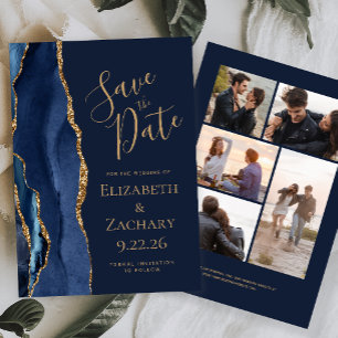 Navy Blue Gold Agate 5-Photo Save The Date