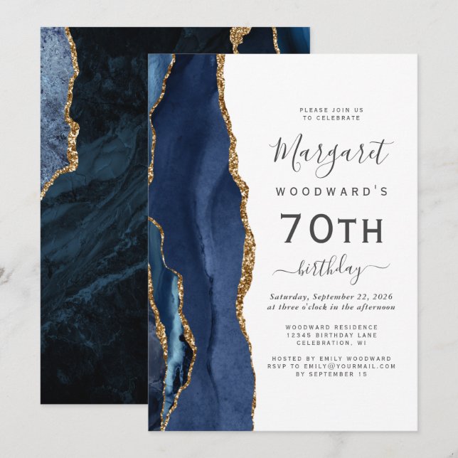 Navy Blue Gold Agate 70th Birthday Party Invitation (Front/Back)