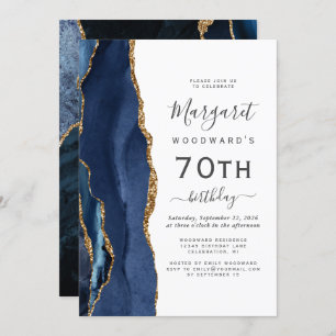 Navy Blue Gold Agate 70th Birthday Party Invitation