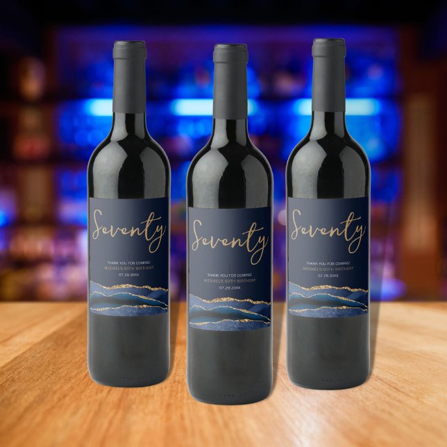 Navy Blue Gold Agate 70th Birthday Wine Label (Creator Uploaded)
