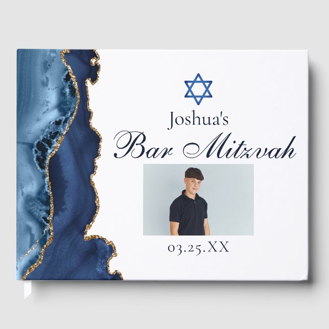 Navy Blue Gold Agate Bar Mitzvah Party Photo Guest Book (Front)