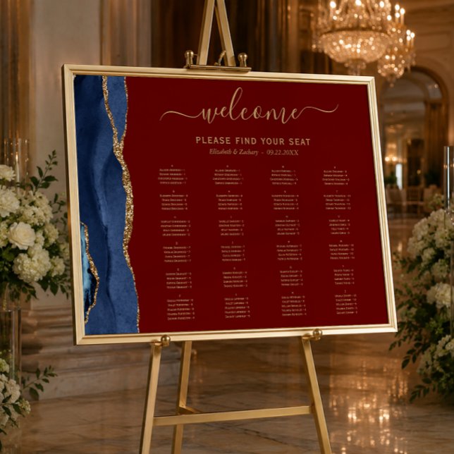 Navy Blue Gold Agate Burgundy Wedding Seating Poster (Creator Uploaded)